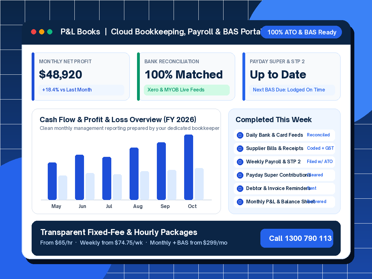 P&L Books Cloud Bookkeeping, Xero Reconciliation, Payroll and BAS Dashboard
